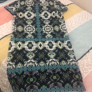 London Times Dress Cobalt Blue, Green, White Print with Short Sleeve Stretch